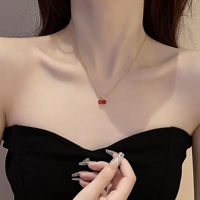 Stainless Steel Wine Red Cherry Gold Colour Pendant Necklace For Women Personality Fashion Necklace Wedding Jewelry Birthday Gif 3