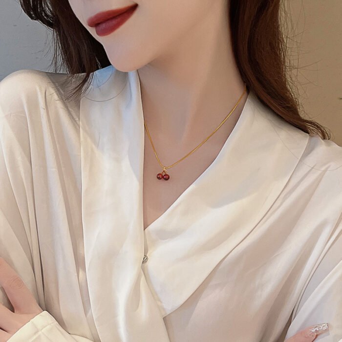 Stainless Steel Wine Red Cherry Gold Colour Pendant Necklace For Women Personality Fashion Necklace Wedding Jewelry Birthday Gif 5
