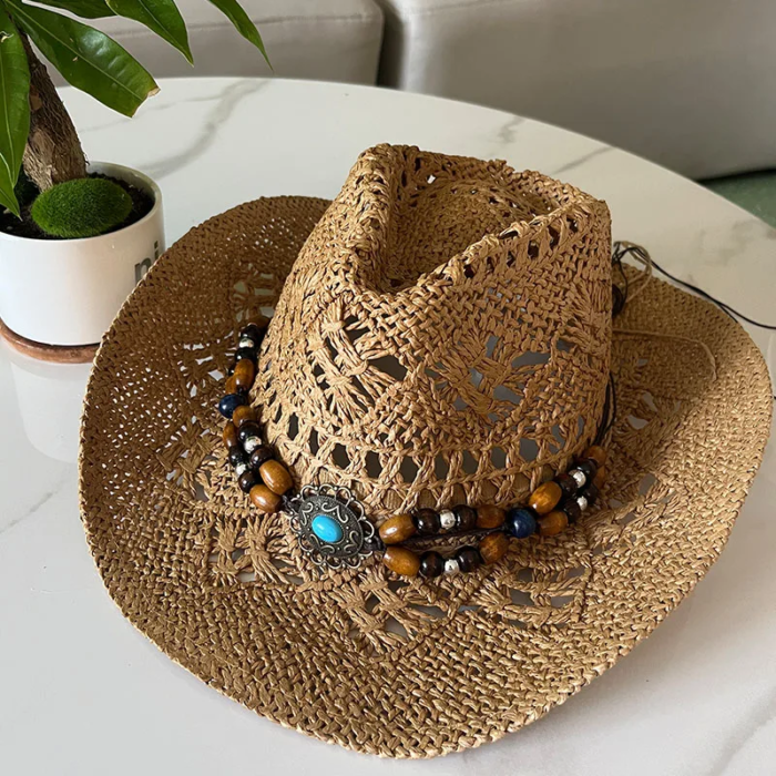 Vintage Summer Beach Bohemian Straw Hat Shell Women Men Western Cowboy Hats Wooden Beads Hollow Out Sun Hat Holiday Cap – khaki 2