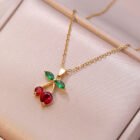 Stainless Steel Chain Classic Shiny Zircon Cherry Pendant Necklace for Women Lady Vintage Jewelry Accessories Gifts 1
