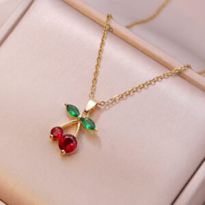 Stainless Steel Chain Zircon Cherry Pendant Necklace