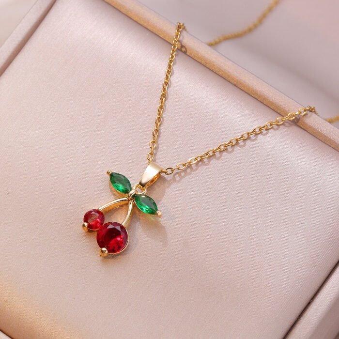 Stainless Steel Chain Classic Shiny Zircon Cherry Pendant Necklace for Women Lady Vintage Jewelry Accessories Gifts 1