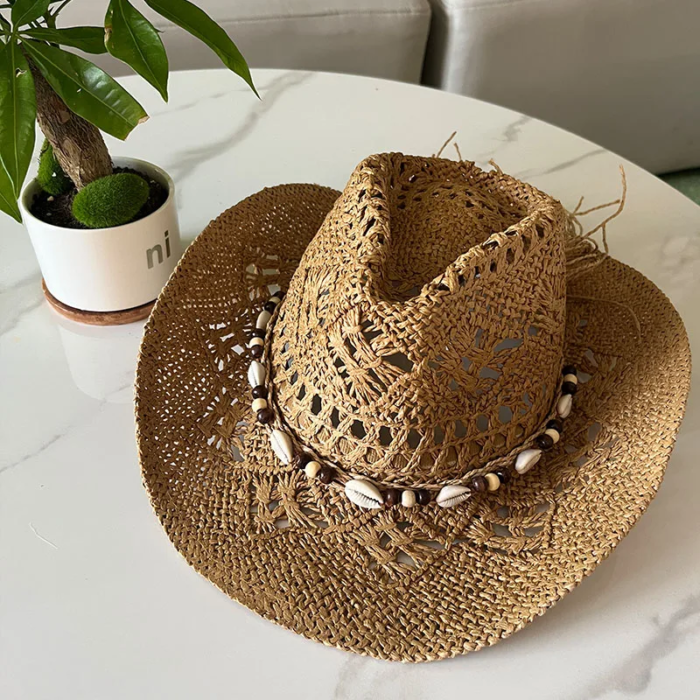 Vintage Summer Beach Bohemian Straw Hat Shell Women Men Western Cowboy Hats Wooden Beads Hollow Out Sun Hat Holiday Cap – khaki shell 3