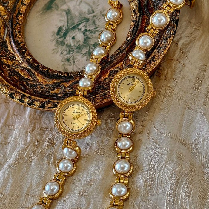 Gold French Pearl Strap 30m Waterproof Round Quartz Watch 1