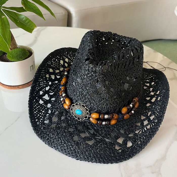 Vintage Summer Beach Bohemian Straw Hat Shell Women Men Western Cowboy Hats Wooden Beads Hollow Out Sun Hat Holiday Cap – black 4
