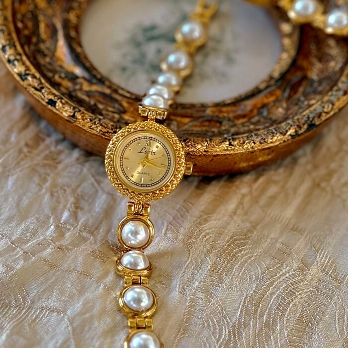 Gold French Pearl Strap 30m Waterproof Round Quartz Watch 2
