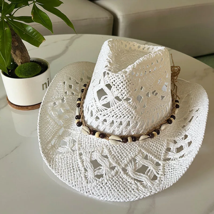Vintage Summer Beach Bohemian Straw Hat Shell Women Men Western Cowboy Hats Wooden Beads Hollow Out Sun Hat Holiday Cap – white shell 8
