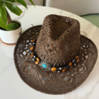 Vintage Summer Beach Bohemian Straw Hat Shell Women Men Western Cowboy Hats Wooden Beads Hollow Out Sun Hat Holiday Cap – coffee 10