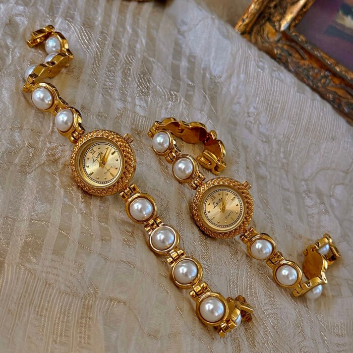 Gold French Pearl Strap 30m Waterproof Round Quartz Watch 3