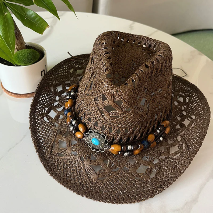 Vintage Summer Beach Bohemian Straw Hat Shell Women Men Western Cowboy Hats Wooden Beads Hollow Out Sun Hat Holiday Cap – coffee 10