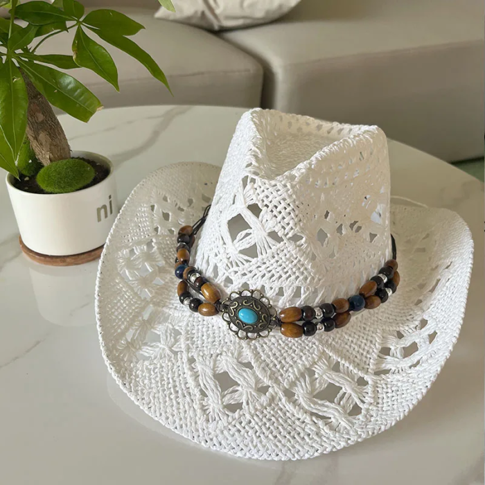 Vintage Summer Beach Bohemian Straw Hat Shell Women Men Western Cowboy Hats Wooden Beads Hollow Out Sun Hat Holiday Cap – white 11