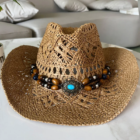 Vintage Summer Beach Bohemian Straw Hat Shell Women Men Western Cowboy Hats Wooden Beads Hollow Out Sun Hat Holiday Cap 12