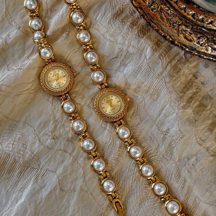 Gold French Pearl Strap 30m Waterproof Round Quartz Watch 5