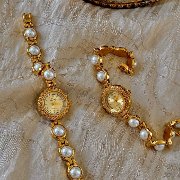 Gold French Pearl Strap 30m Waterproof Round Quartz Watch 6