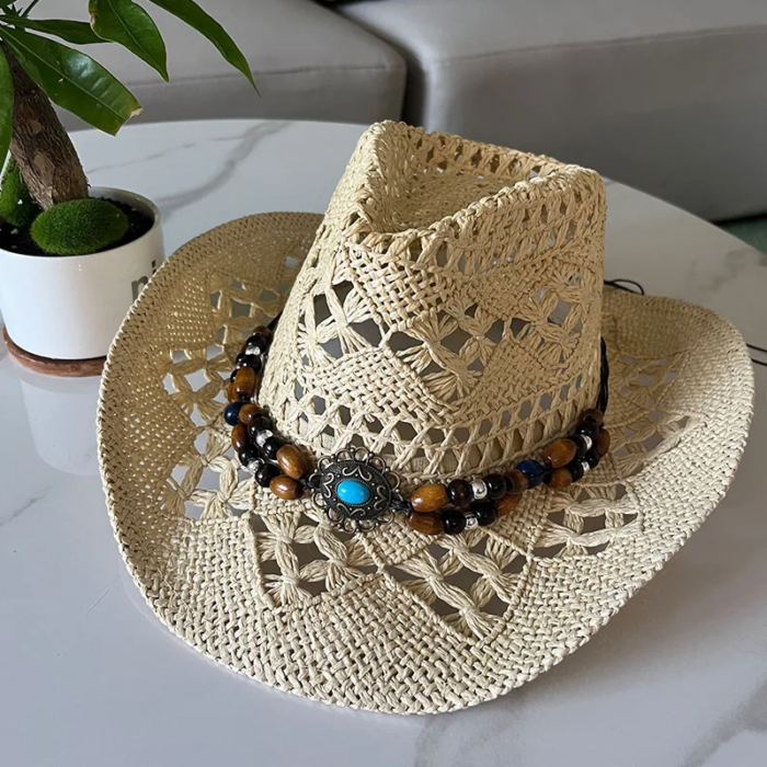 Vintage Summer Beach Bohemian Straw Hat Shell Women Men Western Cowboy Hats Wooden Beads Hollow Out Sun Hat Holiday Cap – light khaki 13