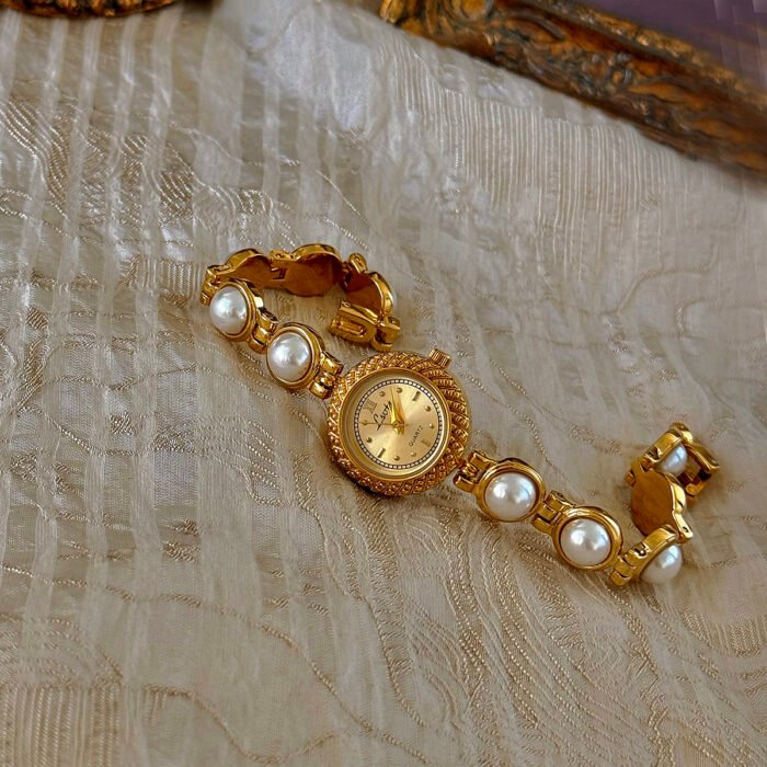 Gold French Pearl Strap 30m Waterproof Round Quartz Watch – Gold 7