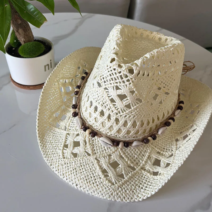 Vintage Summer Beach Bohemian Straw Hat Shell Women Men Western Cowboy Hats Wooden Beads Hollow Out Sun Hat Holiday Cap – beige shell 14