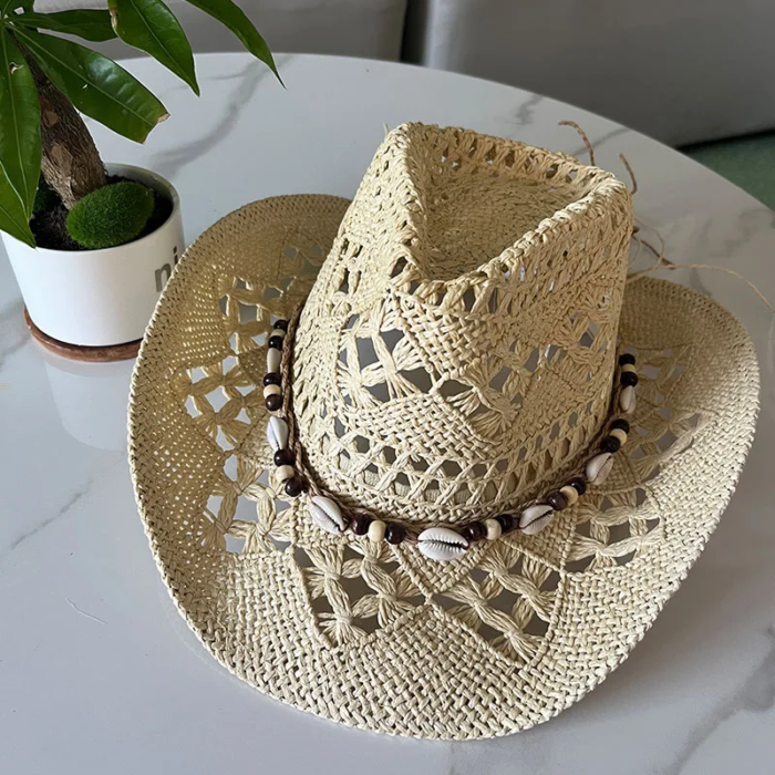 Vintage Summer Beach Bohemian Straw Hat Shell Women Men Western Cowboy Hats Wooden Beads Hollow Out Sun Hat Holiday Cap – light khaki shell 15