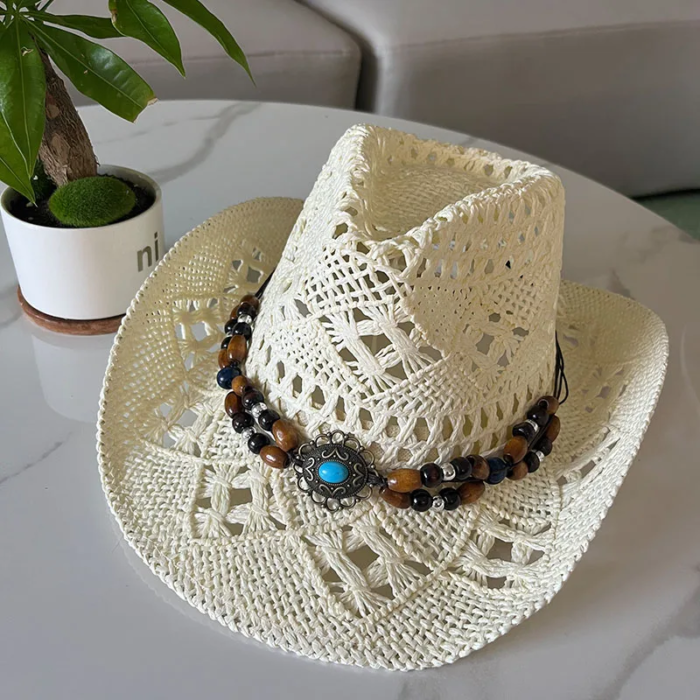Vintage Summer Beach Bohemian Straw Hat Shell Women Men Western Cowboy Hats Wooden Beads Hollow Out Sun Hat Holiday Cap – beige 16