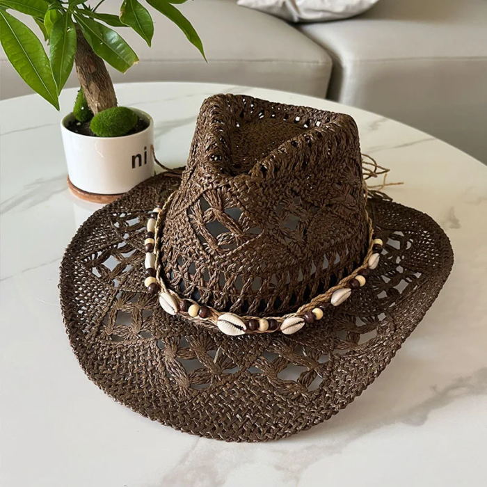 Vintage Summer Beach Bohemian Straw Hat Shell Women Men Western Cowboy Hats Wooden Beads Hollow Out Sun Hat Holiday Cap – coffee shell 17