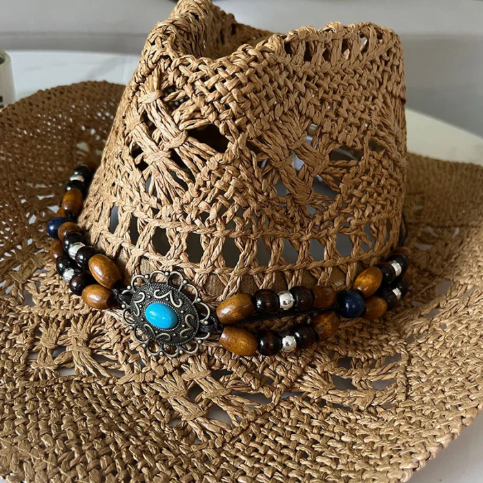 Vintage Summer Beach Bohemian Straw Hat Shell Women Men Western Cowboy Hats Wooden Beads Hollow Out Sun Hat Holiday Cap 18