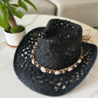 Vintage Summer Beach Bohemian Straw Hat Shell Women Men Western Cowboy Hats Wooden Beads Hollow Out Sun Hat Holiday Cap – black shell 19