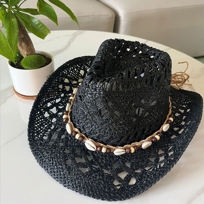 Vintage Summer Beach Bohemian Straw Hat Shell Women Men Western Cowboy Hats Wooden Beads Hollow Out Sun Hat Holiday Cap – black shell 19