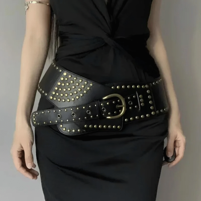 Vintage Rivet Punk Metal Pu Wide Waistband Belt 2