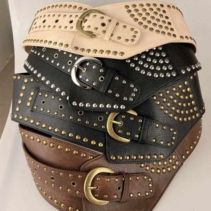 Vintage Rivet Punk Metal Pu Wide Waistband Belt 6