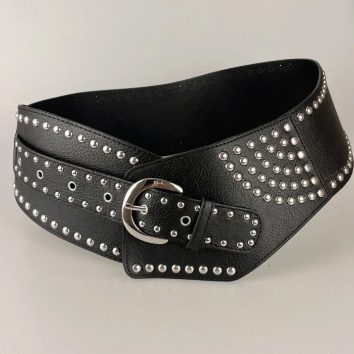 Vintage Rivet Punk Metal Pu Wide Waistband Belt – black silver 9