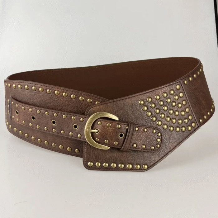 Vintage Rivet Punk Metal Pu Wide Waistband Belt – light brown 10