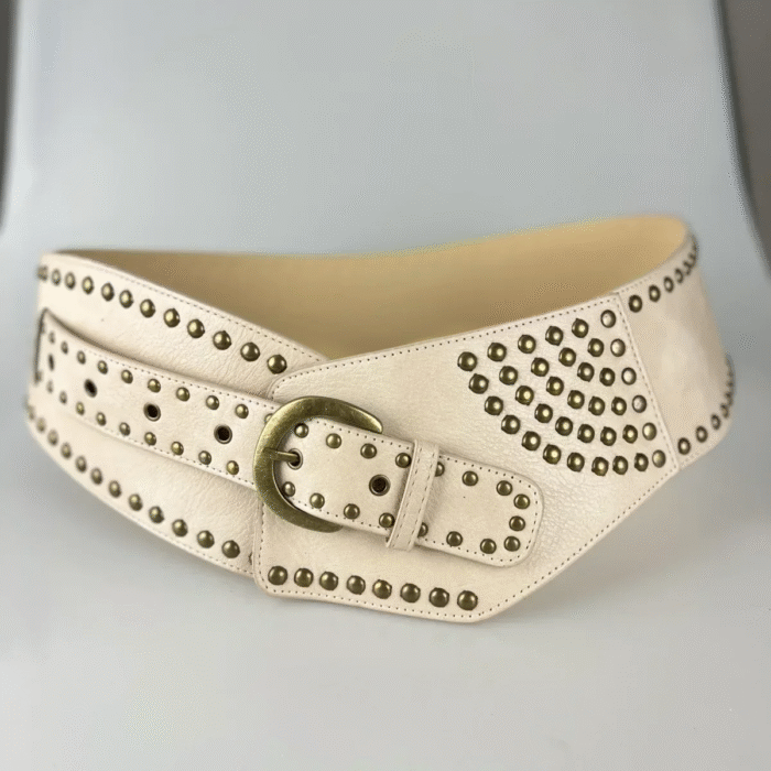 Vintage Rivet Punk Metal Pu Wide Waistband Belt – beige 11
