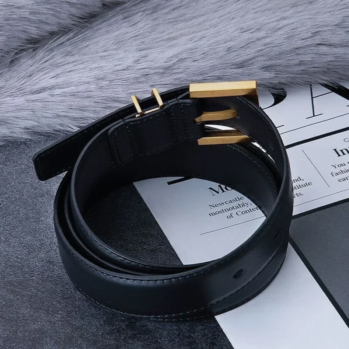 ‌Faux Leather Classic Adjustable Gold Buckle Logo Belt 3