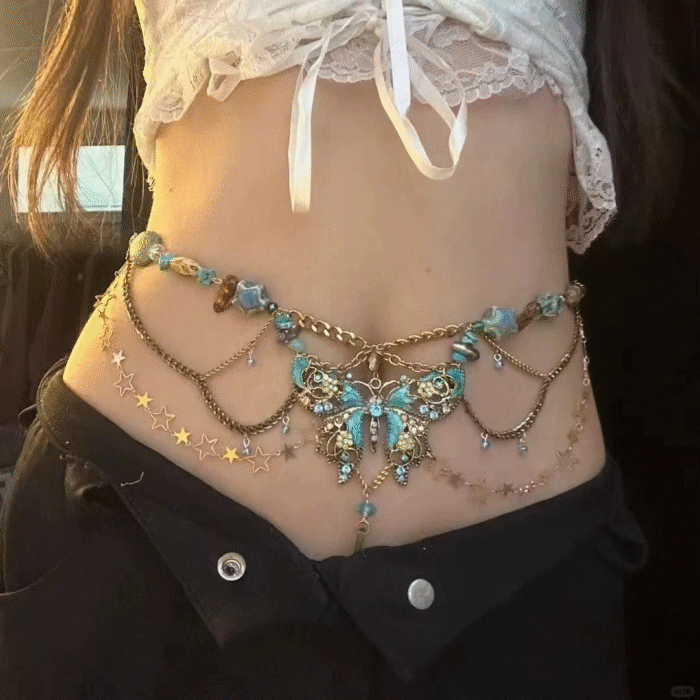 Blue Butterfly Pendant Tassels Beaded Waist Chain Belt – P 14