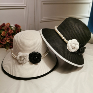French Retro Straw Pearl Flower Bucket Hat