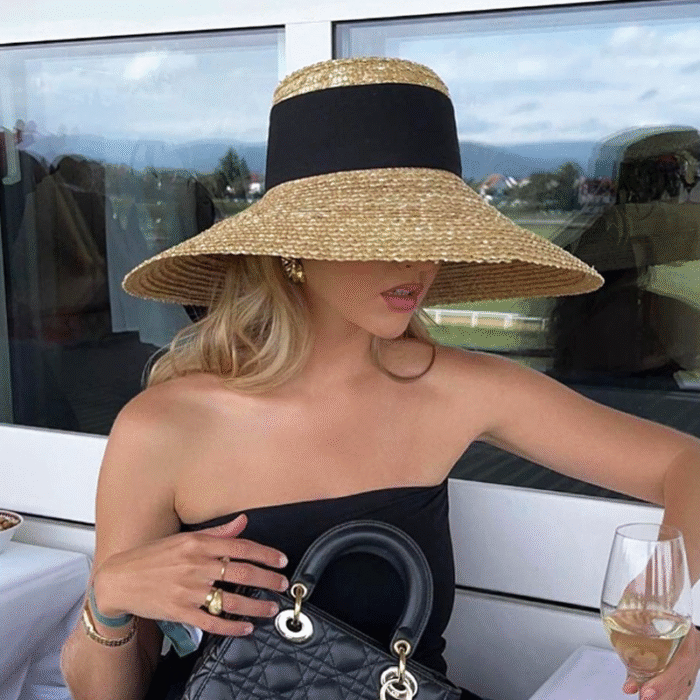bow ribbon flat top large brim straw hat 2