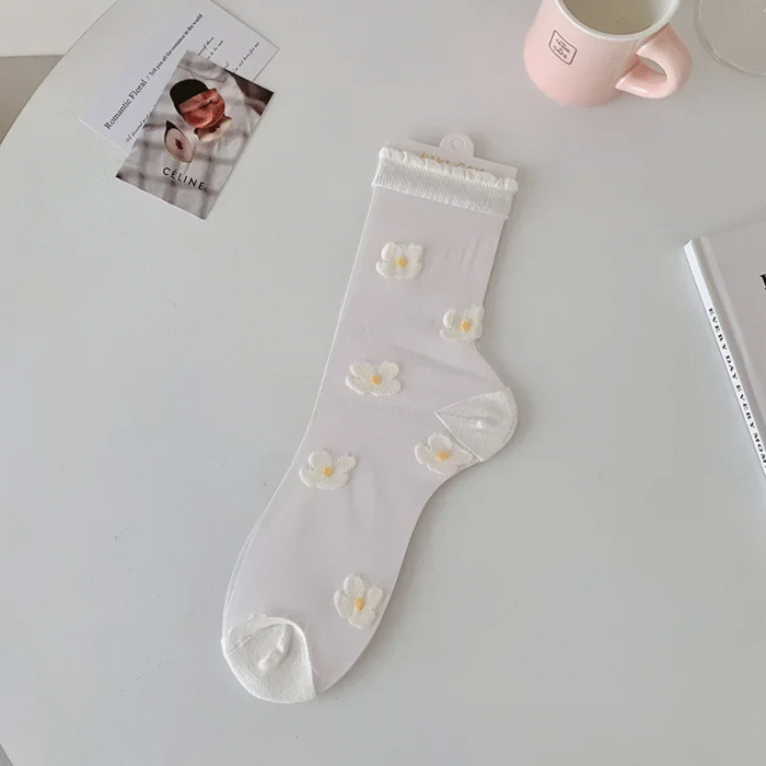 Women Crystal Silk Socks Ultra-thin Breathable Elastic Long Socks See Through Transparent Harajuku Flower Cute Lace Socks Summer – 3 5