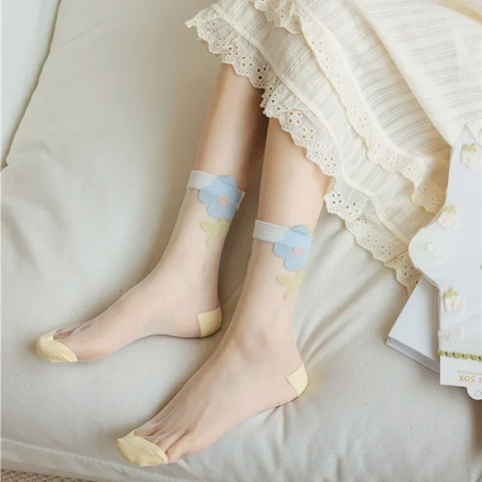 Women Crystal Silk Socks Ultra-thin Breathable Elastic Long Socks See Through Transparent Harajuku Flower Cute Lace Socks Summer 6