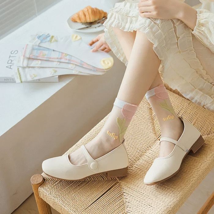 Women Crystal Silk Socks Ultra-thin Breathable Elastic Long Socks See Through Transparent Harajuku Flower Cute Lace Socks Summer 8