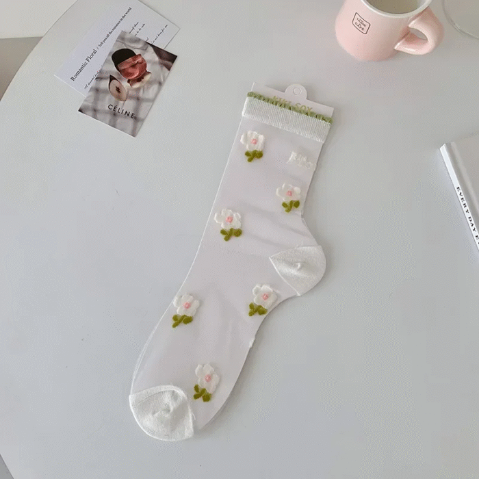 Women Crystal Silk Socks Ultra-thin Breathable Elastic Long Socks See Through Transparent Harajuku Flower Cute Lace Socks Summer – 5 9