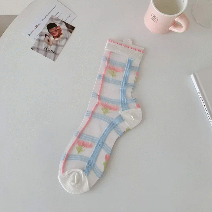 Women Crystal Silk Socks Ultra-thin Breathable Elastic Long Socks See Through Transparent Harajuku Flower Cute Lace Socks Summer – 1 11
