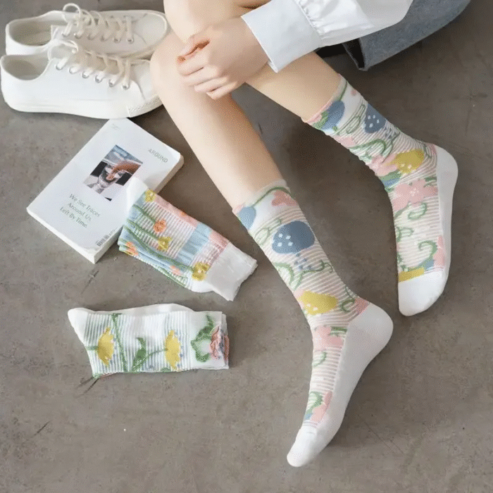 Flower Embroidery Crystal Silk Socks Summer Elastic Long Socks Hollow Out Thin Breathable Mesh Lace Socks Ultra-thin Transparent 4