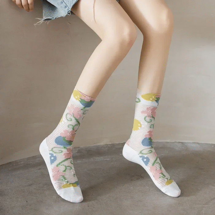 Flower Embroidery Crystal Silk Socks Summer Elastic Long Socks Hollow Out Thin Breathable Mesh Lace Socks Ultra-thin Transparent 5