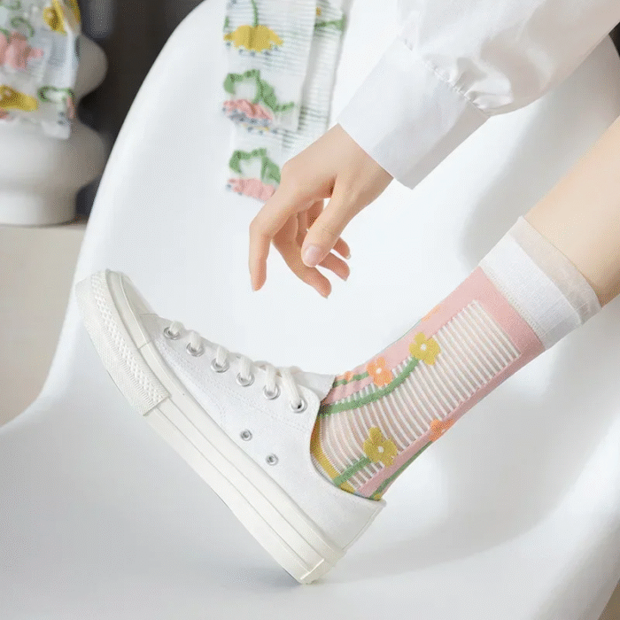 Flower Embroidery Crystal Silk Socks Summer Elastic Long Socks Hollow Out Thin Breathable Mesh Lace Socks Ultra-thin Transparent 8
