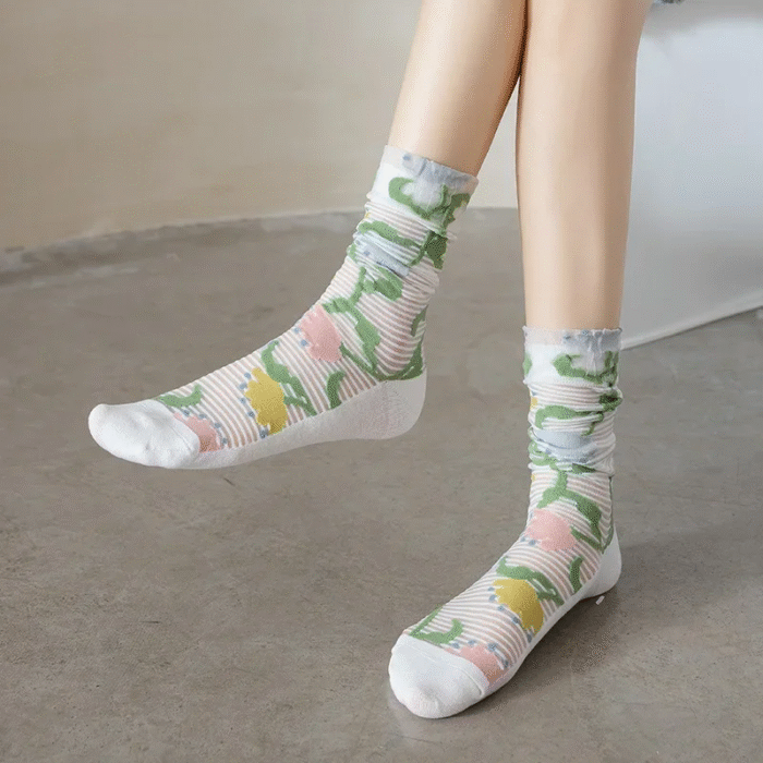 Flower Embroidery Crystal Silk Socks Summer Elastic Long Socks Hollow Out Thin Breathable Mesh Lace Socks Ultra-thin Transparent 9