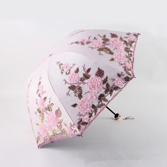 Double-layer Folding Flower Lace Umbrella Rain Women Three Folding Umbrella Female Rain Tools Unique Parasol Umbrella – Pink 6