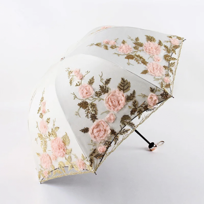 Double-layer Folding Flower Lace Umbrella Rain Women Three Folding Umbrella Female Rain Tools Unique Parasol Umbrella – Yellow 8
