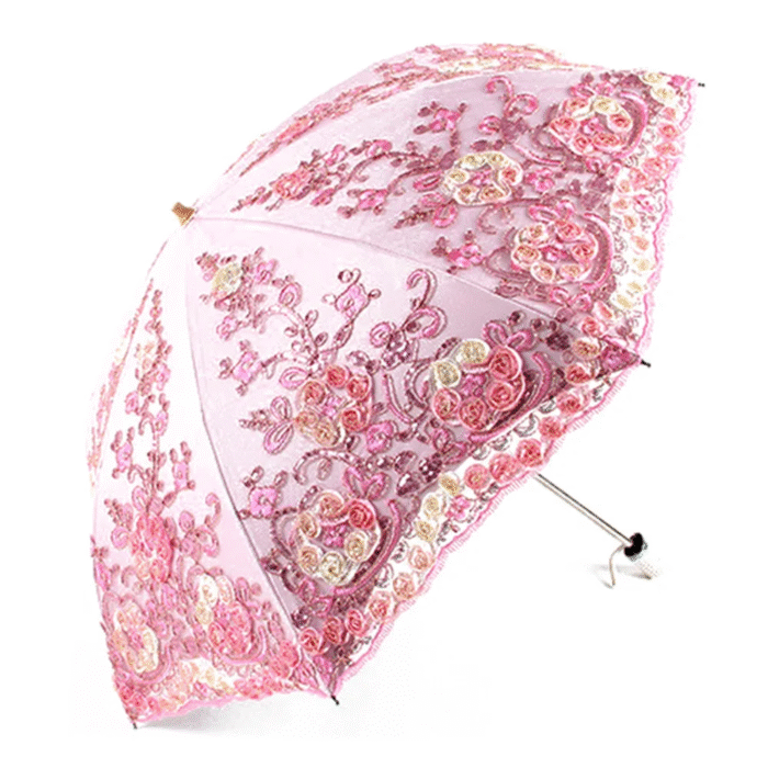 Fashion Deluxe Flower Umbrella Deluxe Double Folding Lace Embroidery Umbrella Bi-Fold Tethered Vinyl Sunshade Umbrella - PK 1