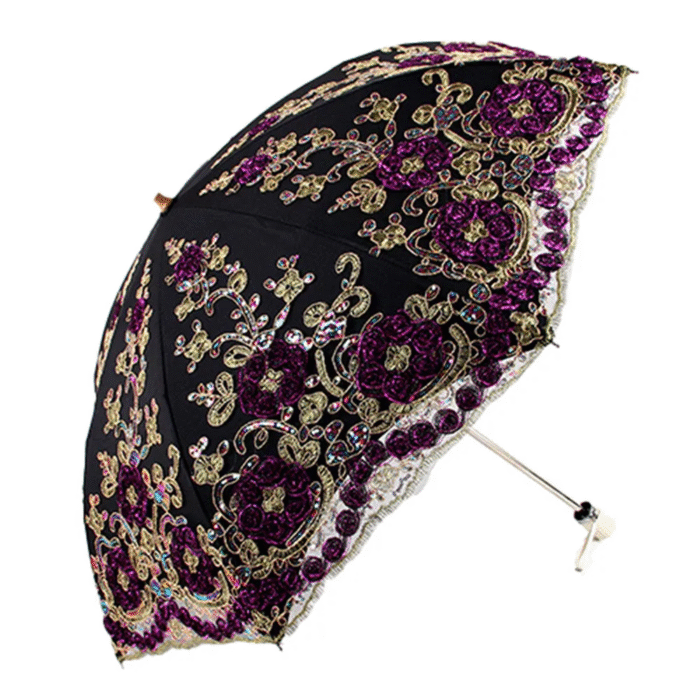 Fashion Deluxe Flower Umbrella Deluxe Double Folding Lace Embroidery Umbrella Bi-Fold Tethered Vinyl Sunshade Umbrella - BK 4