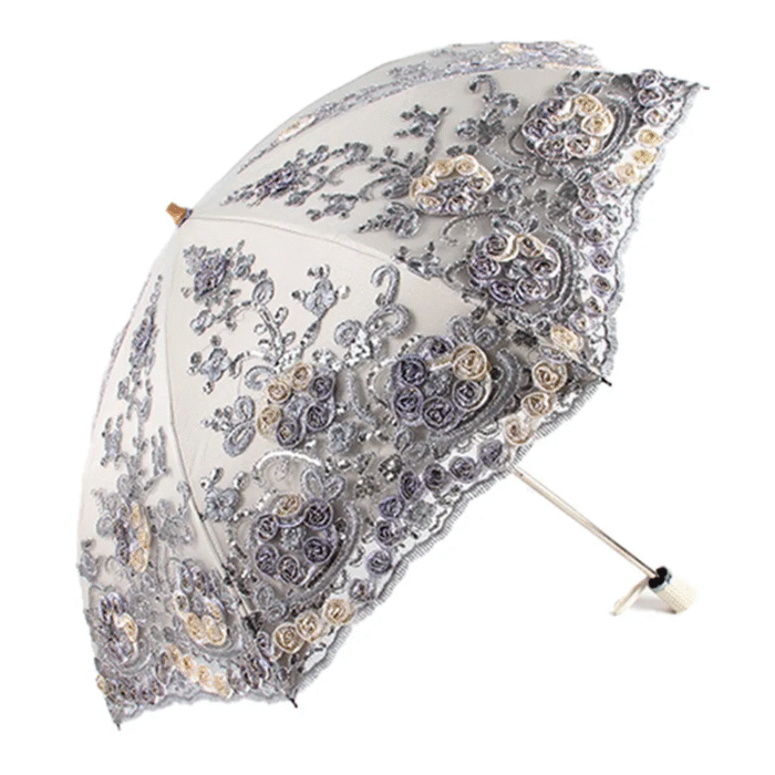 Fashion Deluxe Flower Umbrella Deluxe Double Folding Lace Embroidery Umbrella Bi-Fold Tethered Vinyl Sunshade Umbrella - GY 6